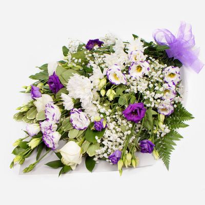 Funeral Flowers SYM-335 - Funeral Flowers in Cellophane Purple & White. 
